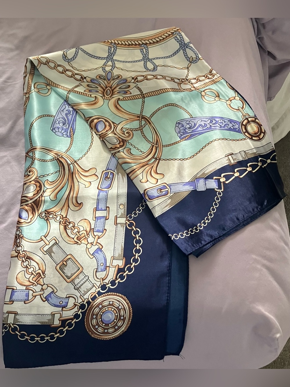 Silk-Feel Printed Scarf in Navy & Mint